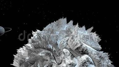 宇宙景观的三维渲染作为背景或环境。 从太空飞船上看到的行星非常详细
